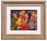 JOÃO BATISTA DA SILVA  Forró. Óleo sobre tela, representando cena de caráter popular nordestina, com personagens reunidos em ambiente festivo, marcada por cores intensas e composição de forte expressão. Obra assinada no canto inferior esquerdo e no verso.Artista com premiação no Salão Nacional de Belas Artes. Título: "Forró"Técnica: Óleo sobre telaAssinatura: canto inferior esquerdo e versoMedida da obra: 24,5  19 cmMedida total: 39  34 cmLocalização: Rio de Janeiro