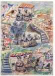SUZANA LEVY (19372023)  Pedaços da Bahia, 2017. Pastel sobre papel, composição figurativa de caráter expressionista, retratando baianas e cenas populares da Bahia, com arquitetura, escadarias e casario em composição vibrante. Obra assinada e datada, com dedicatória e identificação no verso: Pedaços da Bahia Brasil  Suzana  2017  Brasil  Rio de Janeiro.  Medidas: 46  35 cm.