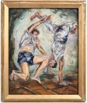 SUZANA LEVY (19372023)  Capoeiristas. Óleo sobre placa, obra figurativa de pincelada expressiva, representando dois capoeiristas em movimento. Assinada no canto inferior direito e também no verso. Localizada no Rio de Janeiro. Medida total: 25 x 30 cm.