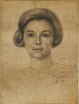 DIMITRI ISMAILOVITCH (1892-1976) - Retrato feminino, nanquim sobre cartão, assinado canto inferior direito, datada 1965, localizada Rio, proteção moldura sanduíche metal e vidro. Medida da obra 50 x 36cm. Medida total 51 x 65cm.