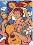 SEBASTIÃO JANUÁRIO (19392025)  Camponês VioleiroObra de composição figurativa e linguagem estilizada, representando um violeiro acompanhado por figura feminina, em uma cena de inspiração popular. Destaca-se pelos contornos marcantes, pela expressividade dos personagens e pela harmonia de cores vibrantes, com predominância de azul, coral, amarelo e verde.Acrílico sobre tela, assinada e datada em 2000, no Rio de Janeiro.Dimensões: 130 x 97 cm.