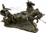 Magnífico Grupo Escultórico em bronze representando Biga c/ Guerreiro Espartano puxado por 2 Cavalos, peça linda em movimento. Med. 40 X 65 X 30 cm.