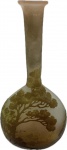 EMILE GALLÉ (FRANÇA, Circa 1900). Raro Solyfleur Art Nouveau de coleção em pasta de vidro acidado decorado com figuras florais em cameoglass no tom verde  sobre fundo na cor âmba. Assinado (em ótimo estado de conservação, peça para colecionador exigente). Med. 17 X 8 cm. Émile Gallé (4 de Maio de 1846, Nancy 23 de Setembro de 1904, Nancy), vitralista e ebanista (a partir de 1880) francês, foi um dos expoentes da art nouveau. Trabalhou com vidros opacos e semitransparentes, ganhando fama internacional pelos motivos florais. Em termos de mobiliário reinaugurou a tradição da marchetaria. A principal temática de seus artefatos são flores e folhagens, realizadas em camadas sobrepostas de vidro, técnica por ele desenvolvida, trabalhando com maestria a opacidade e translucidez do material. Uma produção de fins de século XIX e início do Século XX, tras especificamente paisagens tropicais, inspiradas no Rio de Janeiro.