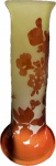 EMILE GALLÉ (FRANÇA, Circa 1900). Grande Vaso Art Nouveau de coleção em pasta de vidro acidado decorado com figura Cameoglass no tom graná sobre fundo na cor Ambar. Assinado ( peça para colecionador exigente). Med. 36 x 16 cm. Émile Gallé (4 de Maio de 1846, Nancy 23 de Setembro de 1904, Nancy), vitralista e ebanista (a partir de 1880) francês, foi um dos expoentes da art nouveau. Trabalhou com vidros opacos e semitransparentes, ganhando fama internacional pelos motivos florais. Em termos de mobiliário reinaugurou a tradição da marchetaria. A principal temática de seus artefatos são flores e folhagens, realizadas em camadas sobrepostas de vidro, técnica por ele desenvolvida, trabalhando com maestria a opacidade e translucidez do material. Uma produção de fins de século XIX e início do Século XX, traz especificamente paisagens tropicais, inspiradas no Rio de Janeiro.