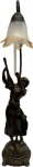 Escultura/Luminária em petit bronze patinado representando figura Feminina com Instrumento Musical. Med. total 75 cm.