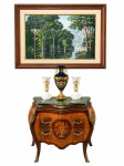 France Séc. XIX - Magnífica Cômoda Bombê Francesa em madeira nobre ricamente marchetada com motivos florais, 2 gavetas malhetadas, com puxadores, ponteiras e Figuras Femininas nas extremidades em bronze e tampo em mármore verde rajado, peça maravilhosa e em ótimo estado de conservação. Med. 82 X 90 X 45 cm. (retirada a combinar, se encontra em outro local, as peças q estão na foto, não pertence ao lote mencionado)
