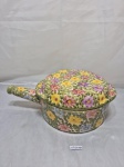 Sopeira com alça e tampa em cerâmica vitrificada, floral. Medindo 23,5cm x 8cm de altura.