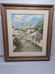 Quadro óleo sobre tela retratando igreja em madeira. Medindo 82cm x 72cm.
