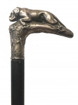 Magnífica bengala de madeira nobre com castão de prata contrastada em forma de cão, medindo 92 cm comp.