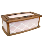 Caixa para pão Art Decó alemã da manufatura ` Villeroy & Boch` com estrutura em madeira e placas laterais em porcelana na cor rosa com listras brancas. Meds: 16,0 cm x 45,0 cm x 25,0 cm
