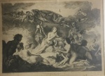 Reprodução de gravura européia emoldurada intitulada "La Naissance de Venus", medindo 53 x 42 cm total.