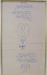 Juarez Machado, desenho, autorretrato, com dedicatória - Um grande abraço, amigo - Juarez Machado, 1991,emoldurado 40x24cm