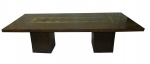 Mesa em madeira de lei, com trabalhos de marcheterie em latão no tampo. Peça medindo 77 cm de altura x 261 cm de comprimento x 121 cm de largura. Anos 70. (no estado)