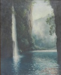 S TAKAKI, Paisagem com Cachoeira,óleo sobre tela, medindo 46 cm x 38 cm, assinado e com inscrição de dedicatória no canto inferior direito.EMOLDURADO