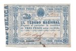 Cédula do Paraguai - 3 Peso (1865). Circulou durante a Guerra do Paraguai. Muito bem conservada.