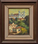 ASSINATURA NÃO IDENTIFICADA - " Paisagem com Igrejas ", O.S.T, assinado no canto inferior direito e datado de 83. Med.: 35 x 27 cm.