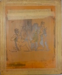 PABLO PICASSO (1881-1973) - Rara matriz de serigrafia em tela de seda com marcas de uso, representando cena de dança ou bacanal. Vê-se à esquerda um fauno tocando flauta e ao centro uma dançarina ladeada por jovens rapazes. Déc. de 70. Medida com o chassi: 50 x 60 cm