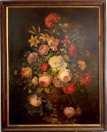 ESCOLA EUROPEIA / ESCOLA FLAMENCA - "Vaso com Flores e  borboletas", o.s.t.; 70 x 90 cm, assinatura não localizada. Emoldurado (80 x 101 cm)