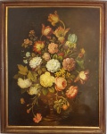 ESCOLA EUROPEIA / ESCOLA FLAMENCA - "Vaso com Flores e  borboletas", séc.XIX, o.s.t.; 70 x 90 cm, monograma no vaso G.P. Emoldurado (80 x 101 cm) Emoldurado.