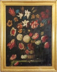 ESCOLA FLAMENCA - "Cesta com flores", o.s.t., Séc.XVIII / XIX. Sem assinatura. Med. 59 x 79 cm. Emoldurado ( 91 x 71 cm)