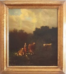 WINTZ, Guillaume (1823-1899) - ESCOLA FRANCESA - Séc.XIX. Paisagem rural com camponesa e vacas. O.s.t., Med. 38 x 46 cm. Emoldurado. Assinatura no c.i.e. ----------> VIDE COTAÇÕES: https://www.invaluable.co.uk/artist/wintz-guillaume-vqm57axiqy/sold-at-auction-prices/