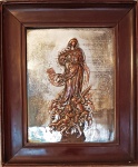 ARTE SACRA - Nsa. Sra. da Conceição - Antiga placa em cobre prateado com imagem em relevo. Moldura em Jacarandá. Medida total 45 x 37 cm.