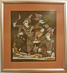 INDONÉSIA - Tecido pintado à mão, tipo Batik, com tinta ouro e prata representando Apsarás ou Devadasis. Emoldurado. Medida total: 44 x 49cm