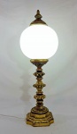 Antiga luminária colonial em madeira  entalhada com douração, coluna entalhada em pétalas e globo em Opalina branca. Possui quebra-luz sobre a cúpula. Altura: 55 cm