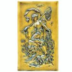 Placa austríaca em petit bronze `DEPOSE GESCHUTZT`, com figura feminina caçadora semi nua, rica representação em fina fundição com elementos vegetais, seres aquáticos e insetos , séc. XIX. Meds: 50,0 cm x 28,0 cm