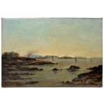 Bourgiois, Eugene - (1855 - 1909). Óleo sobre tela,  Vista do rio Sena, assinado no c.i.d. e datado de 1915, medindo: 39 x 58 cm.