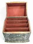 Antiga caixa porta documentos, italiana, confeccionada em madeira patinada, toda decorada em relevo. Med.: 27x23x16 cm. Obs.: no estado.