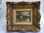 V. IROLLI - "Dama com mercado e figuras ao fundo", óleo sobre madeira, assinado no canto inferior direito. Med.:18x24 cm.