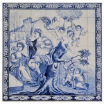 Painel de azulejos azul e branco com pintura de cena da mitologia clássica. Medidas: 108 x 107 cm