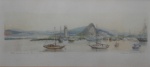 Quadro pintura aquarela Rio de Janeiro 1986  Ass. ilegível , med. 20 X 52 cm - 44 X 74 cm .