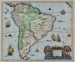 Jan Janssonius (1588-1664) - Americae Pars Meridionalis, Amsterdam 1630. Exemplo impressionante do mapa da América do Sul de Jansson, de uma edição em latim do atlas de Jansson. O mapa fornece detalhes substanciais na América do Sul, juntamente com um número de vinhetas mostrando cenas nativas, animais, canoas e cabanas. Fora da costa, vários navios à vela, canoas e seamonsters aparecem em ambas as costas. Cartela decorativa maciça mostra nativos com armas e flora e fauna indígena. Um dos primeiros mapas separados da América do Sul e um dos primeiros mapas decorativos da América do Sul a aparecer em um Atlas holandês. Med. 44 x 52,5 cm (a obra); 63 x 71 cm (moldura). Pontos de acidez. No estado. Coleção Particular Rio de janeiro/RJ.