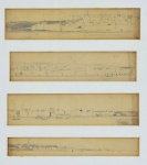 Assinatura não identificada, "FC", " Porto Sousa", lápis e crayon, Conjunto composto por quatro estudos iconográficos sendo  Med. 6 x 24 cm(a obra), Med. 5,5 x 23 cm(a obra);Med. 5,5 x 23 cm(a obra);Med. 3,5 x 24 cm(a obra) e 39 x 36 cm (a moldura). Pontos de acidez. No estado. Coleção particular Eliane Maria de jesus Rio de Janeiro/RJ, proveniente do espólio de Romaric  Buel.