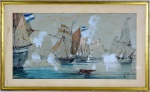 EDUARDO DE MARTINO (Meta, Itália 1836, Londres 1912) "Batalha da Guerra do Paraguai" - aquarela sobre papel, Assinado no canto inferior direito. Med. 21,5  x 40,5  cm (a obra);  30 x 49 cm (Moldura). Pontos de acidez. No estado. Coleção Particular Rio de Janeiro/RJ.