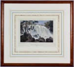 H. DE BOUGAINVILLE, E. B. DE LA TOUANNE  - CASCATA DA GRANDE TIJUCA PERTO DE RIO DE JANEIRO, Litografia aquarelada, 1837. Med. 29  x 35  cm (a obra);  57  x 62 cm (Moldura). Pontos de acidez. No estado. Coleção Particular Rio de Janeiro/RJ.NOTA: Journal de la Navigation Autour du Globe de la Frégate la Thetis et de la Corvette lEspérance. O chefe dessa expedição era filho do famoso navegador francês Bougainville e, como o pai, realizou uma viagem ao redor do mundo. As gravuras mostram alguns pontos de vista únicos e confirmam que o topo do Corcovado era já usado como belvedere nos anos 1830. Também muito interessante é a vista tomada do terraço da casa do cônsul inglês, a linda vista da Igreja da Gloria, os arredores do Rio de Janeiro e uma visão tempestuosa da Gávea. Reproduzido nos livros "Brasiliana", Itaú, à p. 204 e Borba de Moraes I, à p. 115.