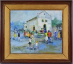 Haydea Santiago (Rio de Janeiro RJ 1896 - Rio de Janeiro RJ 1980),  "Domingo". Óleo sobre tela.  Assinado. Datado 1969. Localizado no verso - Campo de São Bento - Niterói.   Med 47 x  56 cm (a obra);  66 x 75 cm (a moldura). Sujicidade sobre a camada pictórica. No estado. Coleção Particular Rio de Janeiro/RJ.