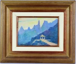 Yvonne Visconti Cavalleiro (1901, Saint-Hubert, França - 1965, Rio de Janeiro, RJ) ," Mirante do Soberbo". Óleo sobre  Madeira. Assinado. 1927. Med 19 x 27 cm (a obra);  41,4 x 49 cm (a moldura). Sujicidade sobre a camada pictórica. No estado. Reproduzido à página 36 do livro "Teresópolis uma história com arte" por José Maria Carneiro.  Coleção Particular Rio de Janeiro/RJ.