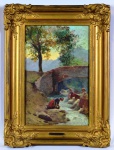 Giuseppe Boscagli - José Boscagli (Florença, Itália 1862 - Rio de Janeiro, RJ, 1945), "Lavadeiras no Riacho". Óleo sobre madeira. Assinado.  Med 38 x 24 cm (a obra);  52 x 38 cm(a moldura). Sujicidade sobre a camada pictórica. No estado.Coleção Particular Rio de Janeiro/RJ.