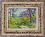 Vicente Rosal Ferreira Leite, conhecido como 'Vicente Leite' (Crato, 6 de agosto de 1900  Rio de Janeiro, 14 de outubro de 1941), "Paisagem Com Árvores". Óleo sobre cartão. Assinado.  Med 28 x 39 cm (a obra);  48 x 59 cm(a moldura). Sujicidade sobre a camada pictórica. No estado.Coleção Particular Rio de Janeiro/RJ.