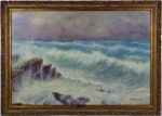 Paulo Gagarin(1885, São Petersburgo, Rússia - 1980, Rio de Janeiro, RJ) , "Ponta do Arpoador",óleo sobre tela, Assinado. Med.94 x 138,5 cm (a obra); 110 x 156 cm (a moldura). Marcas do Tempo. Sujicidade sobre a camada pictórica. No estado. Coleção Particular Rio de Janeiro/RJ.