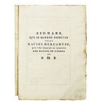 45 - MARTIN, Sir George, 1764-1847 - Signaes, que se mandão observar pelos navios mercantes, que vão debaixo de comboyo dos navios de guerra de S.M.B. Lisboa : Quartel General da Marinha, 1813. 16 pp. Ilustrado. Muito bom exemplar. Assinado Jorge Martin Vice-Admiral Sir George Martin as Commander in Chief of the Fleet in Portugal. Ilustrado com um código de bandeiras e sinais luminosos, sendo grande parte deles aquarelados de época à mão. Sem encadernação. Med. 22x16 cm. Cod.MMC-442