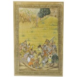 Antiga pintura oriental sobre seda representando cena de batalha campal. Med.: 94 x 68 cm.
