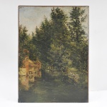 "Paisagem com lago", quadro o.s.t.c.e., assinado P.C. (não identificado) cid. Med.: 45 x 33 cm.
