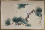 Antiga pintura chinesa sobre seda, assinada com sêlo vermelho e ideogramas, repres. pássaro e grilo. Emoldurada. Medida total: 62 x 42 cm