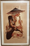 INDONÉSIA - Seda pintada à mão, assinada e localizada Bali , repres. Flautista. Moldura sanduiche. Medida total: 87 x 57 cm.