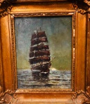 Virgílio Lopes Rodrigues - Caravela - Óleo sobre madeira (Tampa de caixa de charuto). Obra med. 21x15cm. Apresenta marcas do tempo. Acervo Particular - Angra dos Reis - Rio de Janeiro