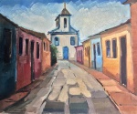 Geraldo Castro - O.S.T. "Casario com Igreja ao fundo", assinado no verso. Med. 46x38cm. (Sem moldura).